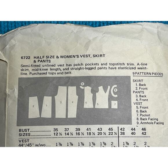Butterick Sewing Pattern 6722 long vest straight pant 1970s size 16 1/2 - Picture 4 of 6
